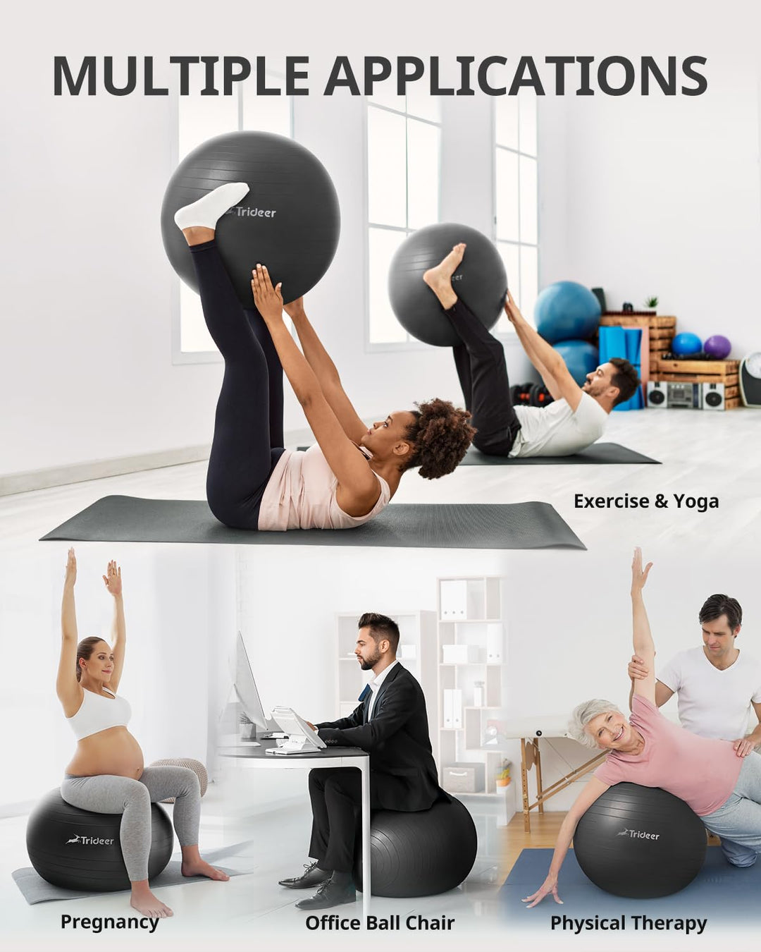 Different sizes of Trideer Yoga Ball for Exercise, great for fitness and therapy, enhancing stability during workouts.