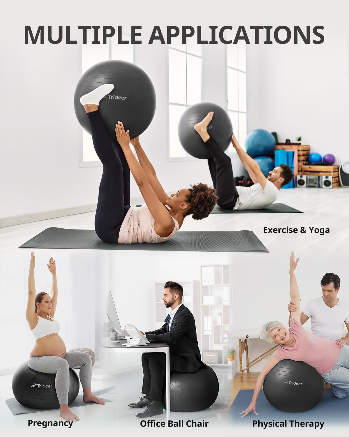 Different sizes of Trideer Yoga Ball for Exercise, great for fitness and therapy, enhancing stability during workouts.