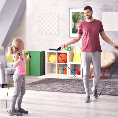 Family enjoying a workout together with a tangle-free jump rope, promoting fitness for women, men, and children.