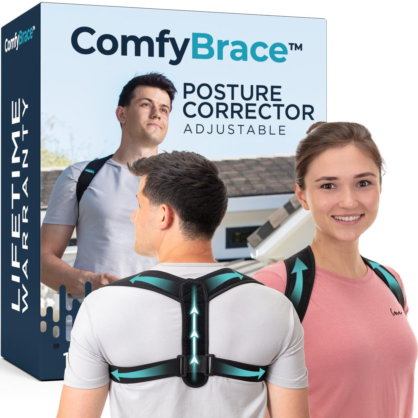 ComfyBrace Posture Corrector for Back Pain - Adjustable back brace for men and women providing upper spine support.