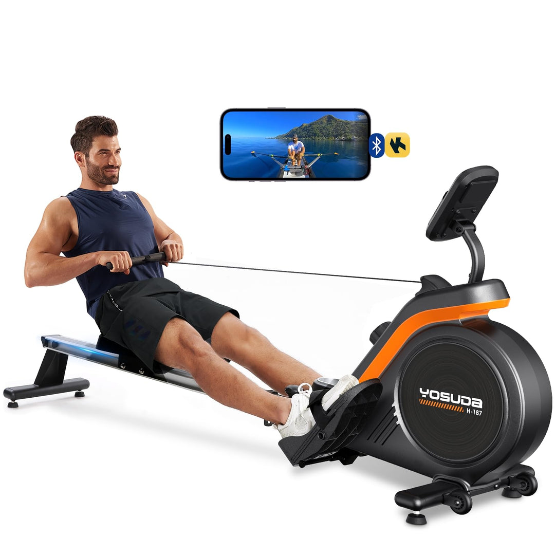 YOSUDA Magnetic Rowing Machine with a family enjoying a workout, emphasizing its usability.