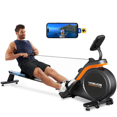 YOSUDA Magnetic Rowing Machine with a family enjoying a workout, emphasizing its usability.