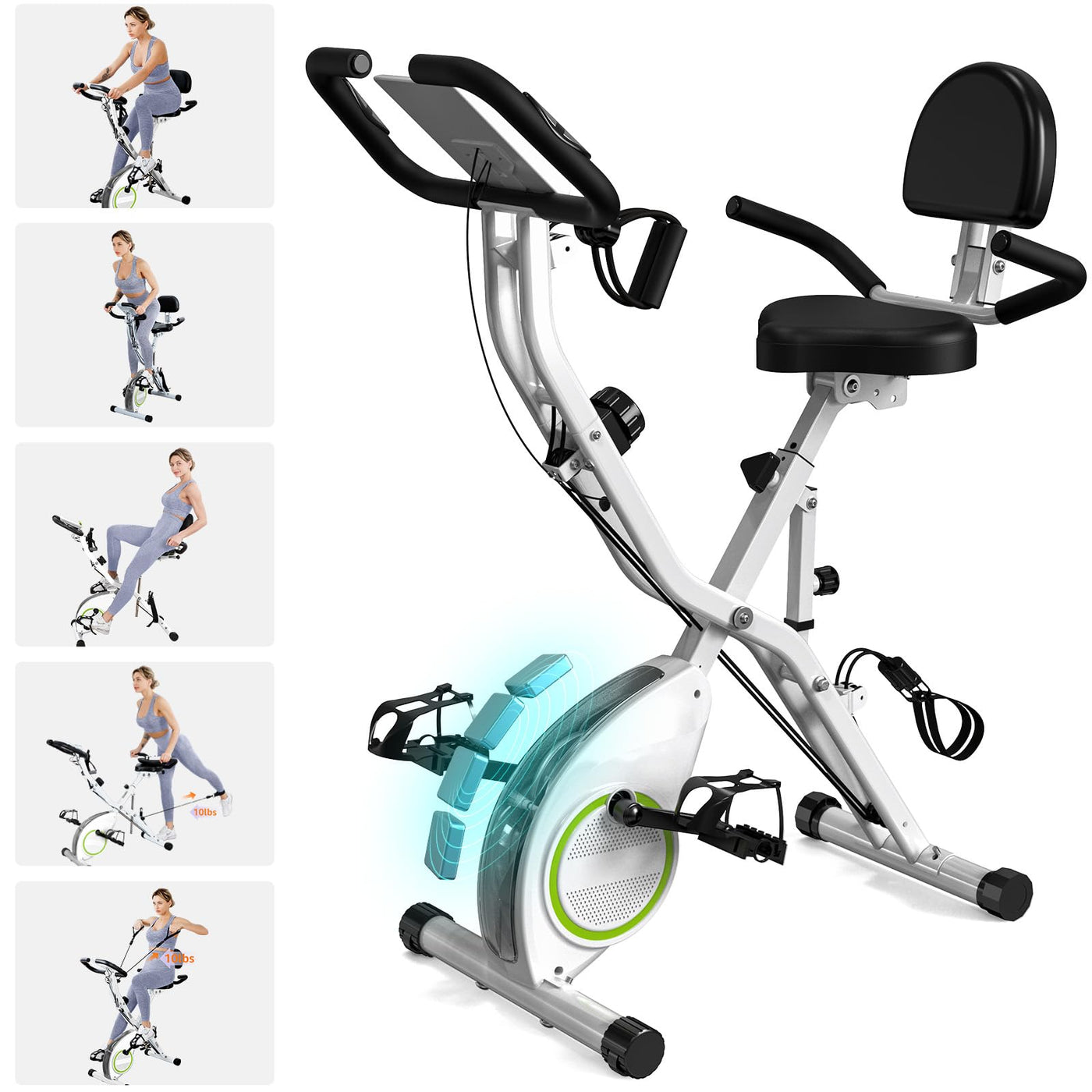 User demonstrating the versatility of the foldable exercise bike for different workouts.