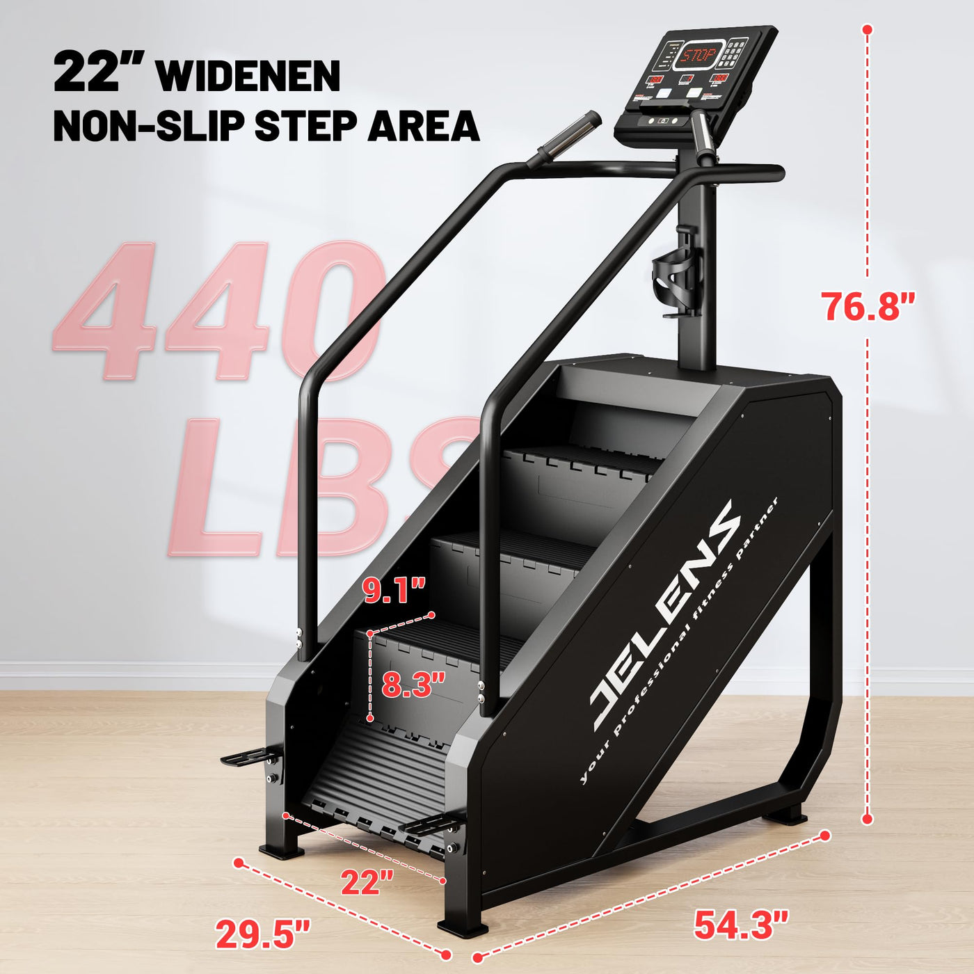 Jelens Stair Stepper Machine with LED Screen 440 LBS, Commercial Grade Stair Climber Exercise Machine for Home with 15 Resistance Levels for Cardio, 24-164 Steps/Minute (Black)