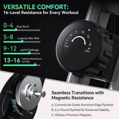 Close-up of the 16-level magnetic resistance system on the foldable exercise bike.