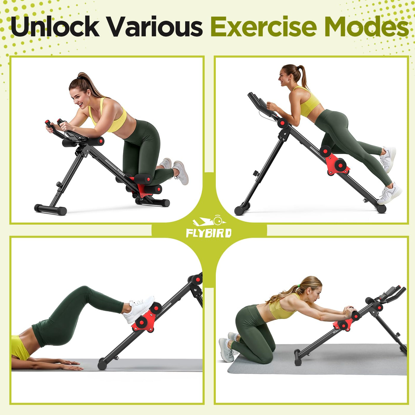 FLYBIRD adjustable ab machine with an LCD monitor displaying workout details like repetitions and calories burnt.