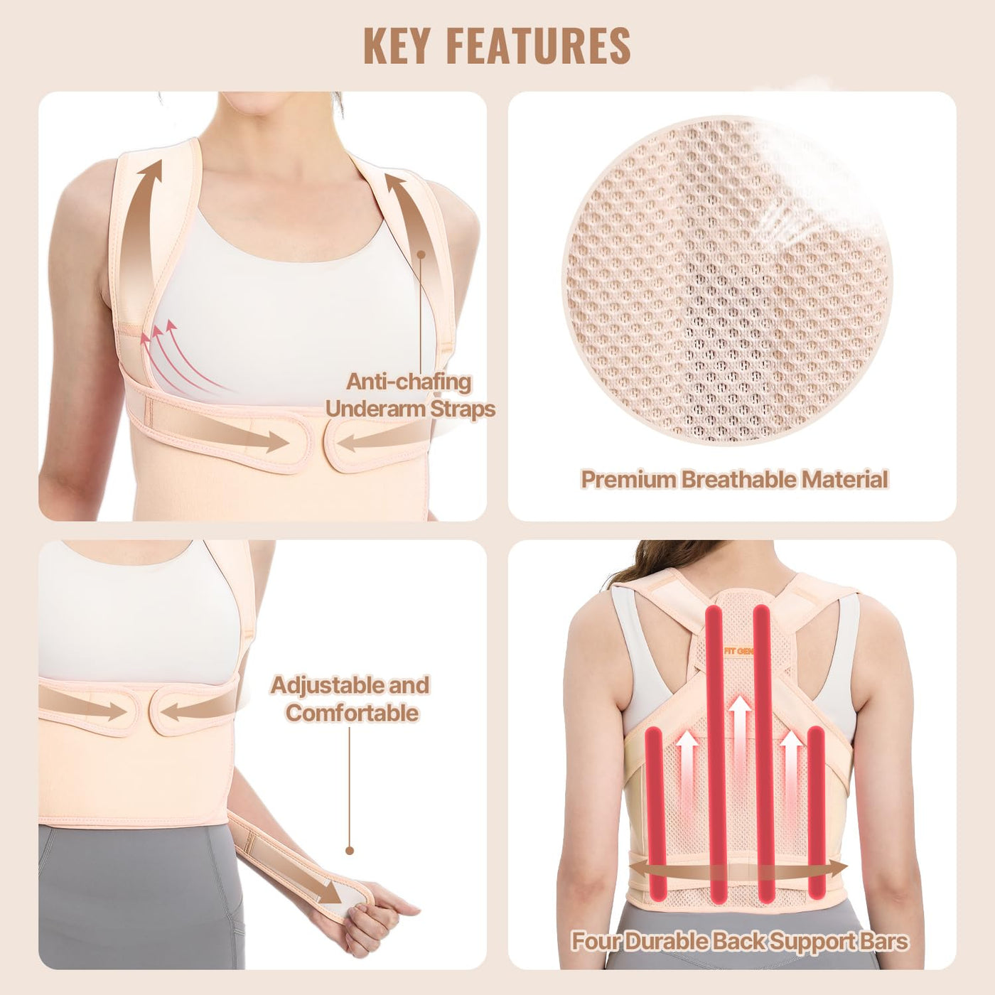 The posture corrector for back pain by Fit Geno featuring adjustable straps for customized support.