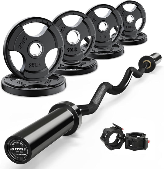 RitFit 2-Inch EZ Curl Bar with Weights for Bicep &amp; Tricep Strength Training | 350LB Olympic Barbell Set | DreamchaserHQ