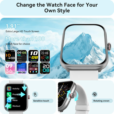 Smart Watch for Women Men, Smartwatch for iPhone & Android Bluetooth (Answer/Call) Built-in Alexa, 1.91" HD Fitness Tracker with 105+ Sport Modes, IP68 Waterproof, Sleep/Heart Rate/SpO2/Stress Monitor - Dreamchaser Headquarters