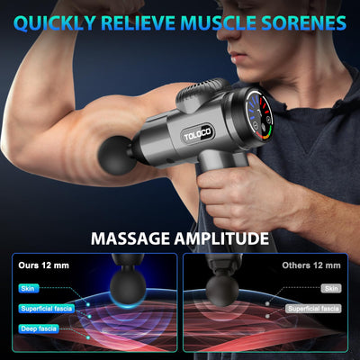 TOLOCO Massage Gun held in hand, showcasing its design as a lightweight percussion massager with multiple heads for convenient use.