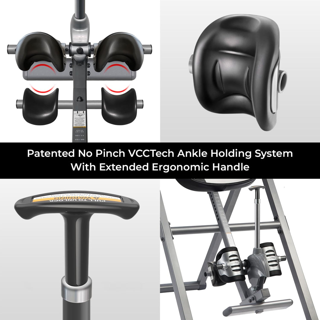 Side view of the INNOVA heat and massage inversion table, highlighting its heavy-duty steel frame and foldable design.