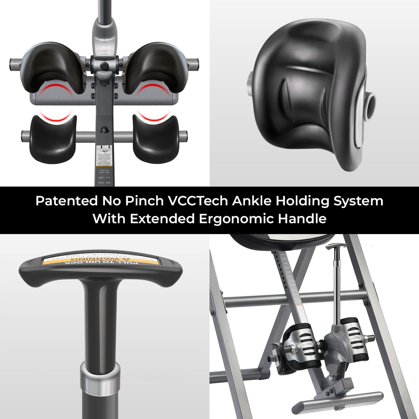 Side view of the INNOVA heat and massage inversion table, highlighting its heavy-duty steel frame and foldable design.