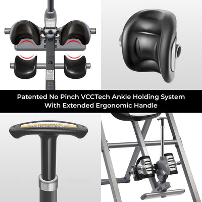 Side view of the INNOVA heat and massage inversion table, highlighting its heavy-duty steel frame and foldable design.
