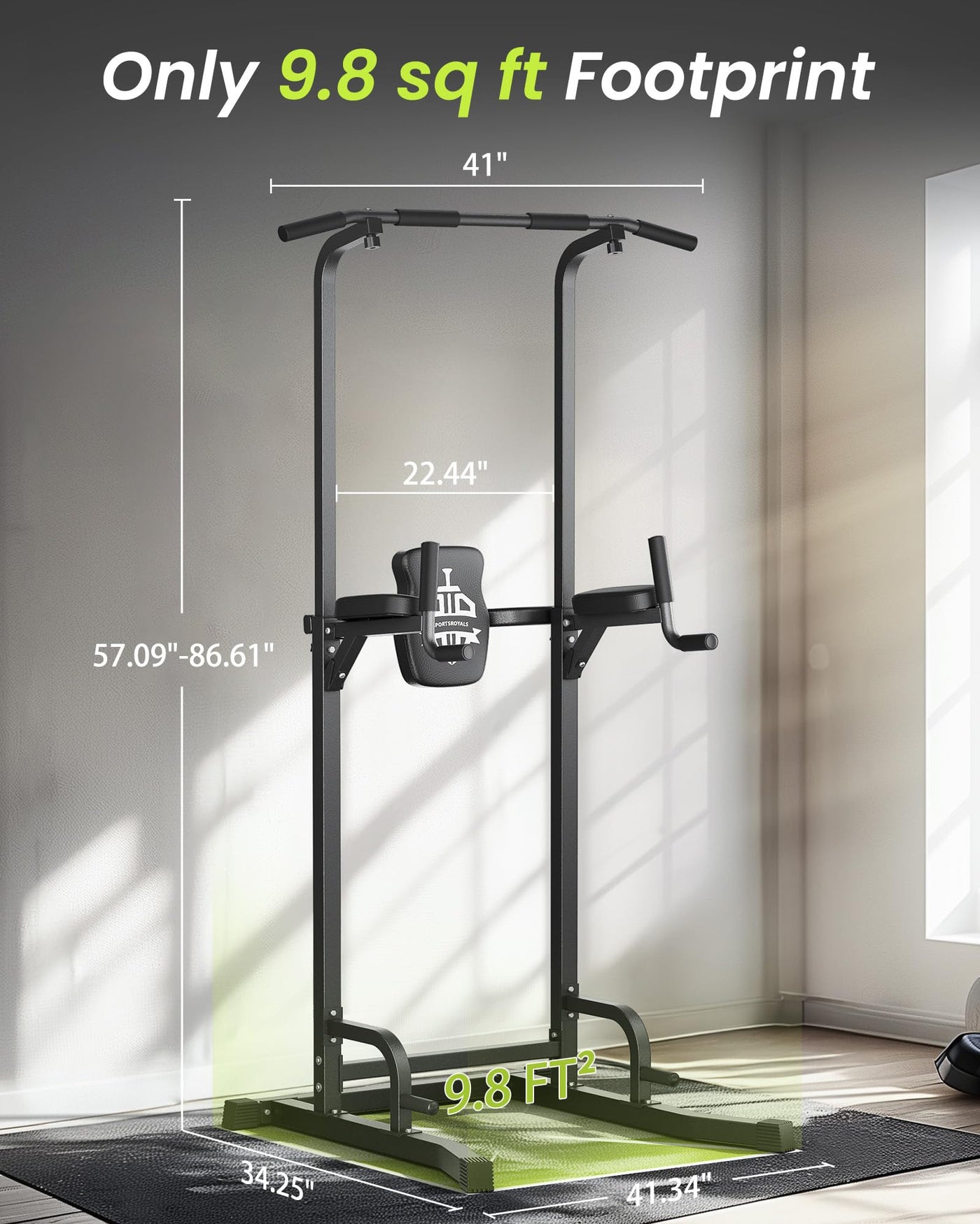Close-up of the reliable pull up bar on the Sportsroyals Power Tower for home gym strength training.