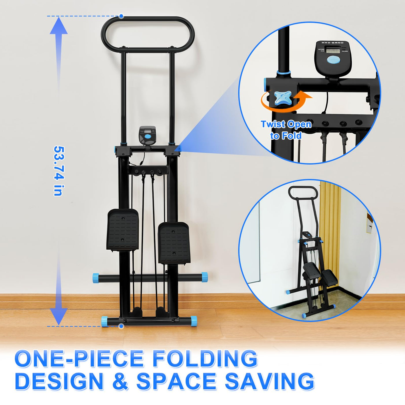 Full view of the HXD-ERGO vertical climber machine highlighting its sturdy build and stable triangular structure.