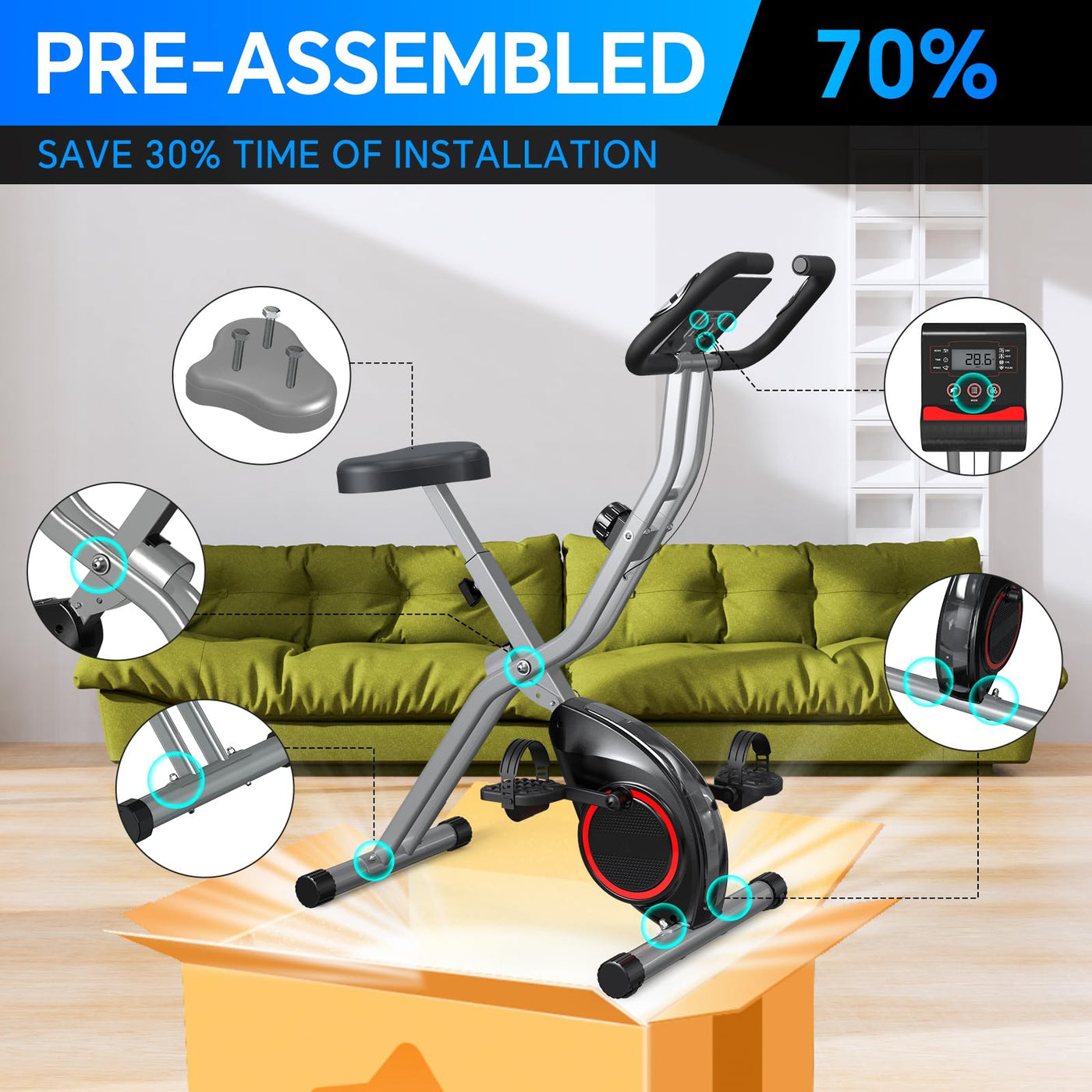 Foldable exercise bike ready for an intense yet quiet indoor workout session.