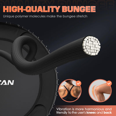 Different users of varying heights and fitness levels enjoying the BCAN fitness trampoline with adjustable handle.