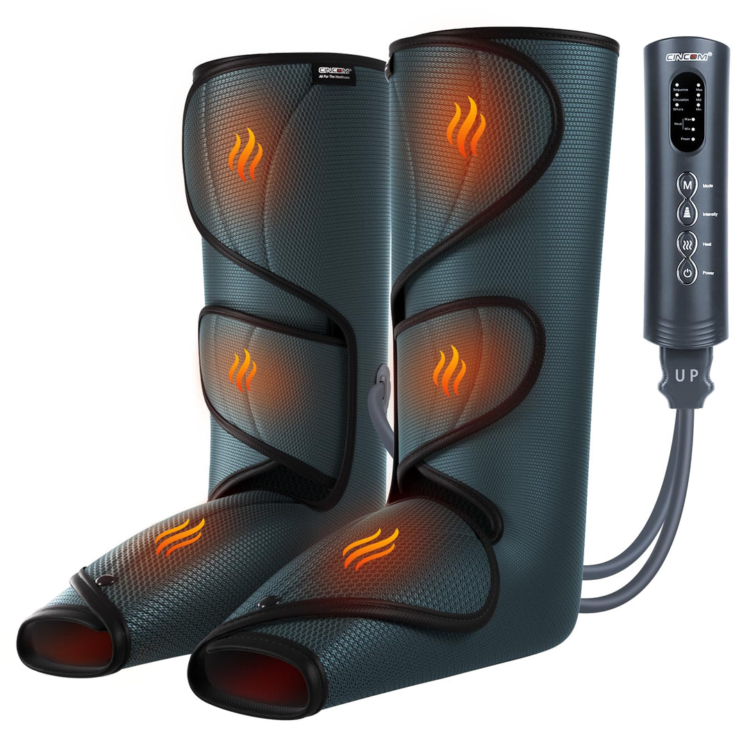 CINCOM leg massager with heat and compression for circulation and pain relief, ideal for soothing leg discomfort.