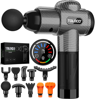 TOLOCO Massage Gun placed on a stylish surface, emphasizing its sleek look and function as a percussion massager with multiple heads.