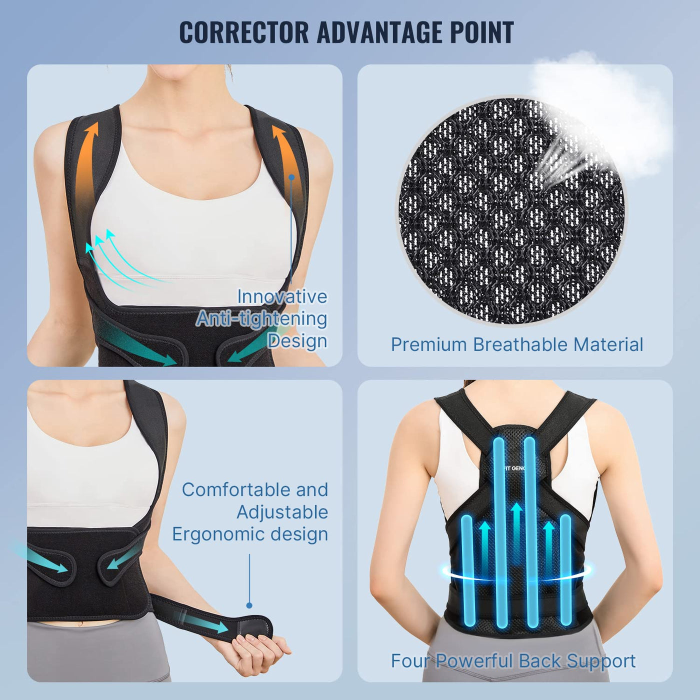 Fit Geno Back Brace showcasing functionality as a posture corrector for back pain support.