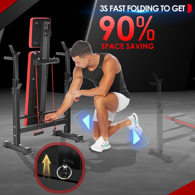 Demonstration of exercises on the OPPSDECOR Weight Bench Set, highlighting its role as versatile home gym equipment.