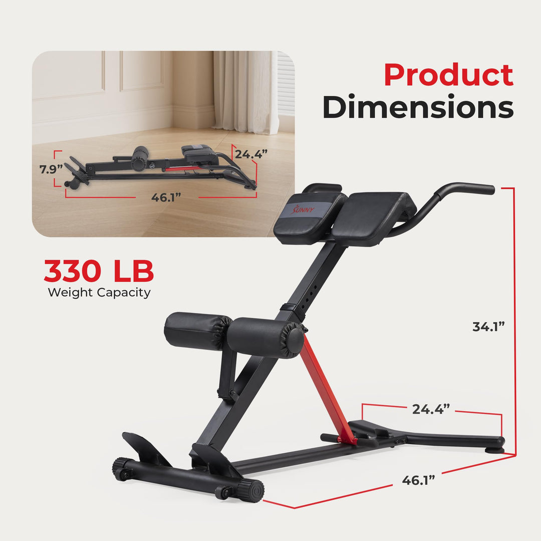 Sunny Health &amp; Fitness 45-Degree Hyperextension Roman Chair with Adjustable Height and Back, Glute, Hamstring, and Ab Workouts Foldable Sit Up Gym Bench for Home, Gray - SF-BH6629 - Dreamchaser Headquarters