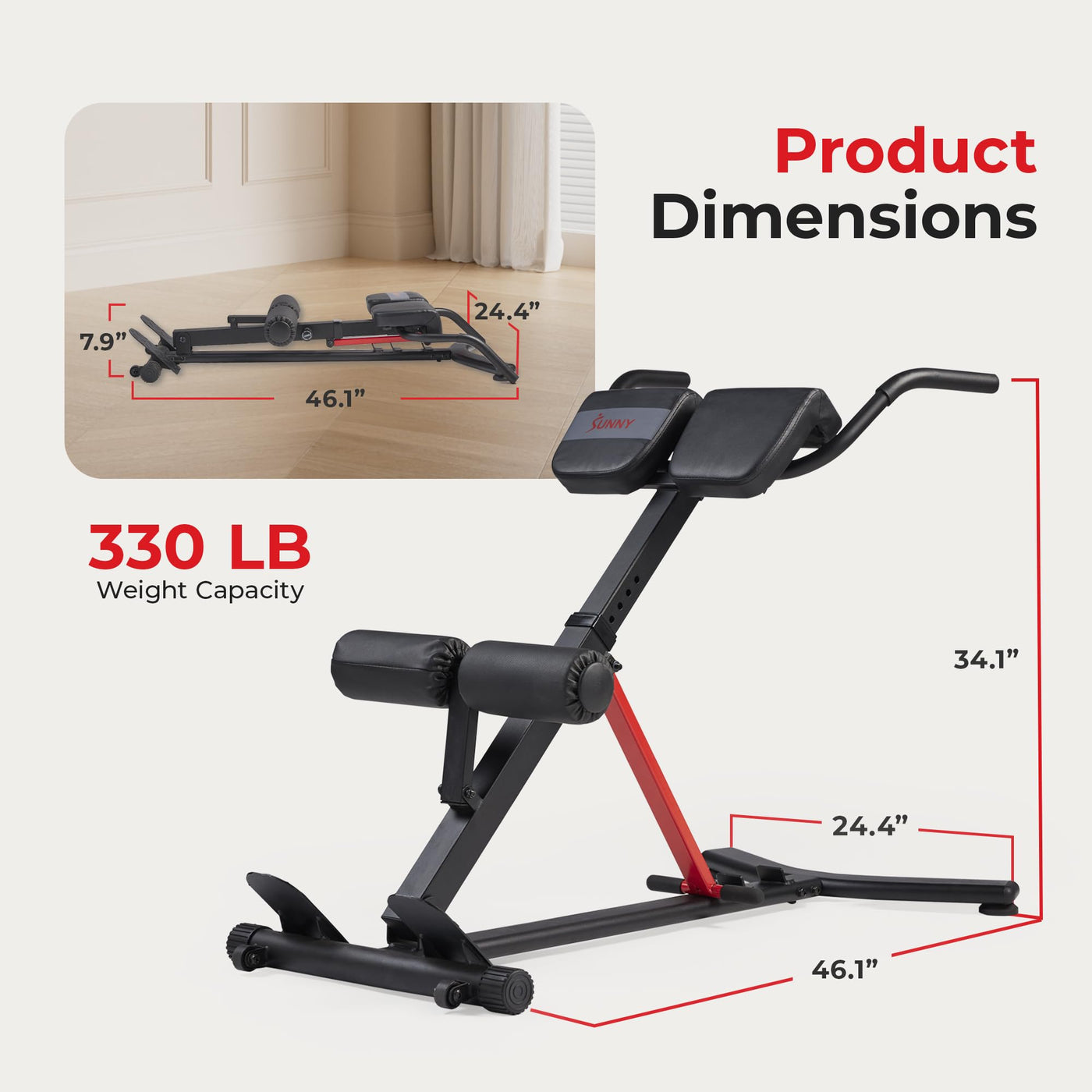 Sunny Health & Fitness 45-Degree Hyperextension Roman Chair with Adjustable Height and Back, Glute, Hamstring, and Ab Workouts Foldable Sit Up Gym Bench for Home, Gray - SF-BH6629