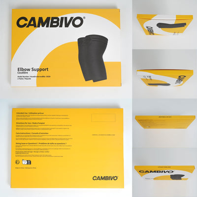 Man wearing CAMBIVO elbow brace for tendonitis while typing, demonstrating daily use.