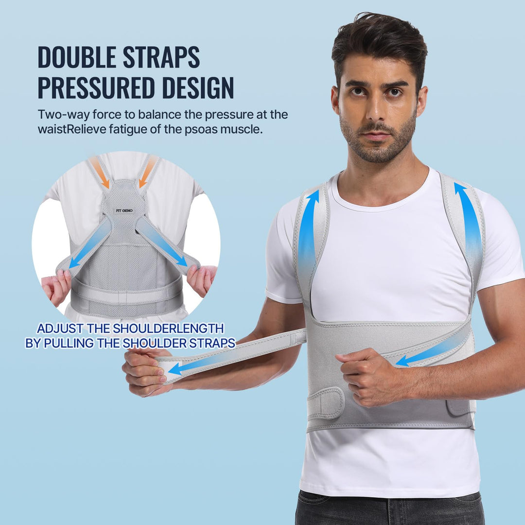 Visual of Fit Geno posture corrector for back pain, emphasizing posture support and comfort.