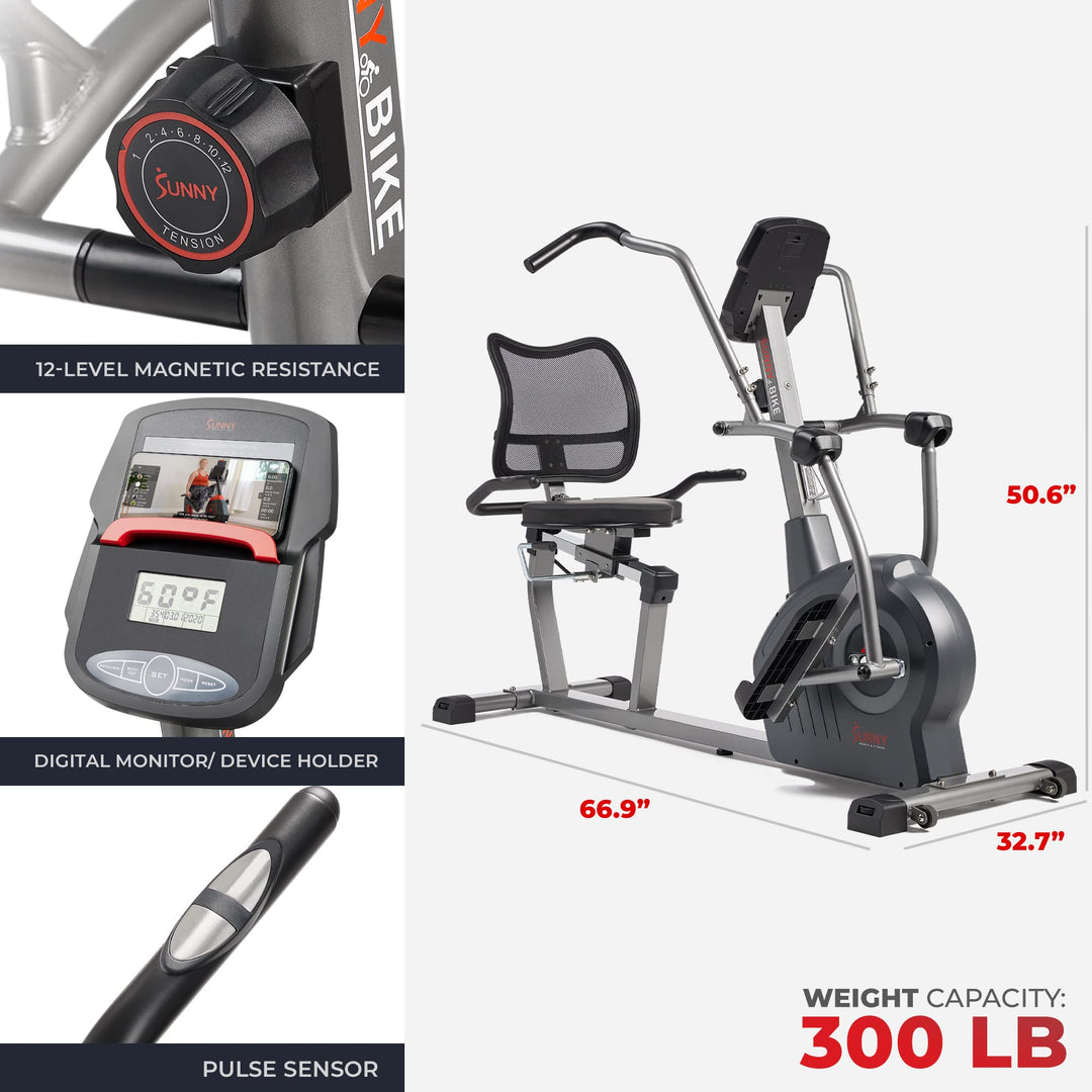 Sunny Health &amp; Fitness Electromagnetic Recumbent Cross Trainer Exercise Elliptical Bike w/Arm Exercisers, Easy Access Seat &amp; Exclusive SunnyFit® App Enhanced Bluetooth Connectivity - SF-RBE4886SMART - Dreamchaser Headquarters