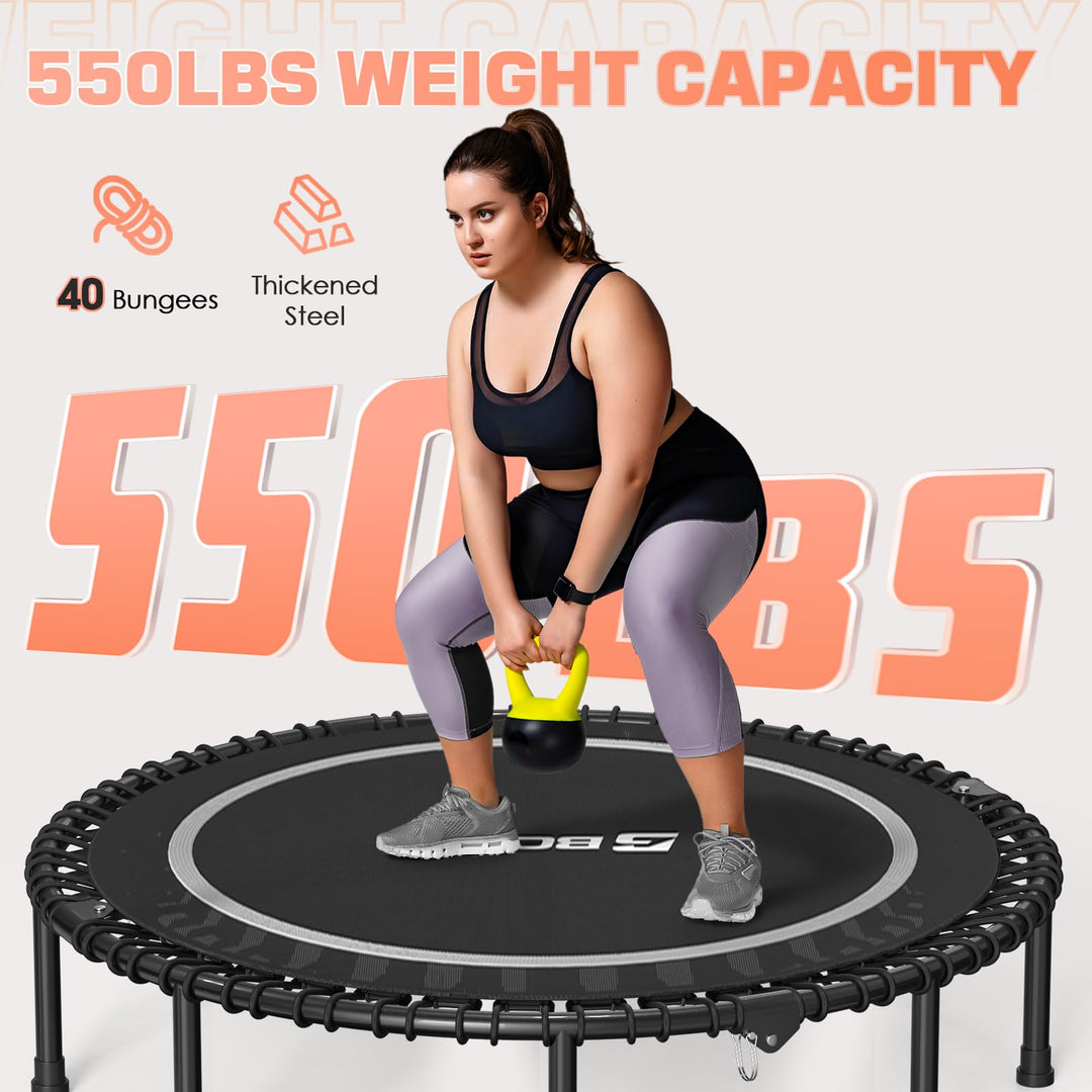 The BCAN fitness trampoline with handle in action, ideal for family fun and fitness at home.