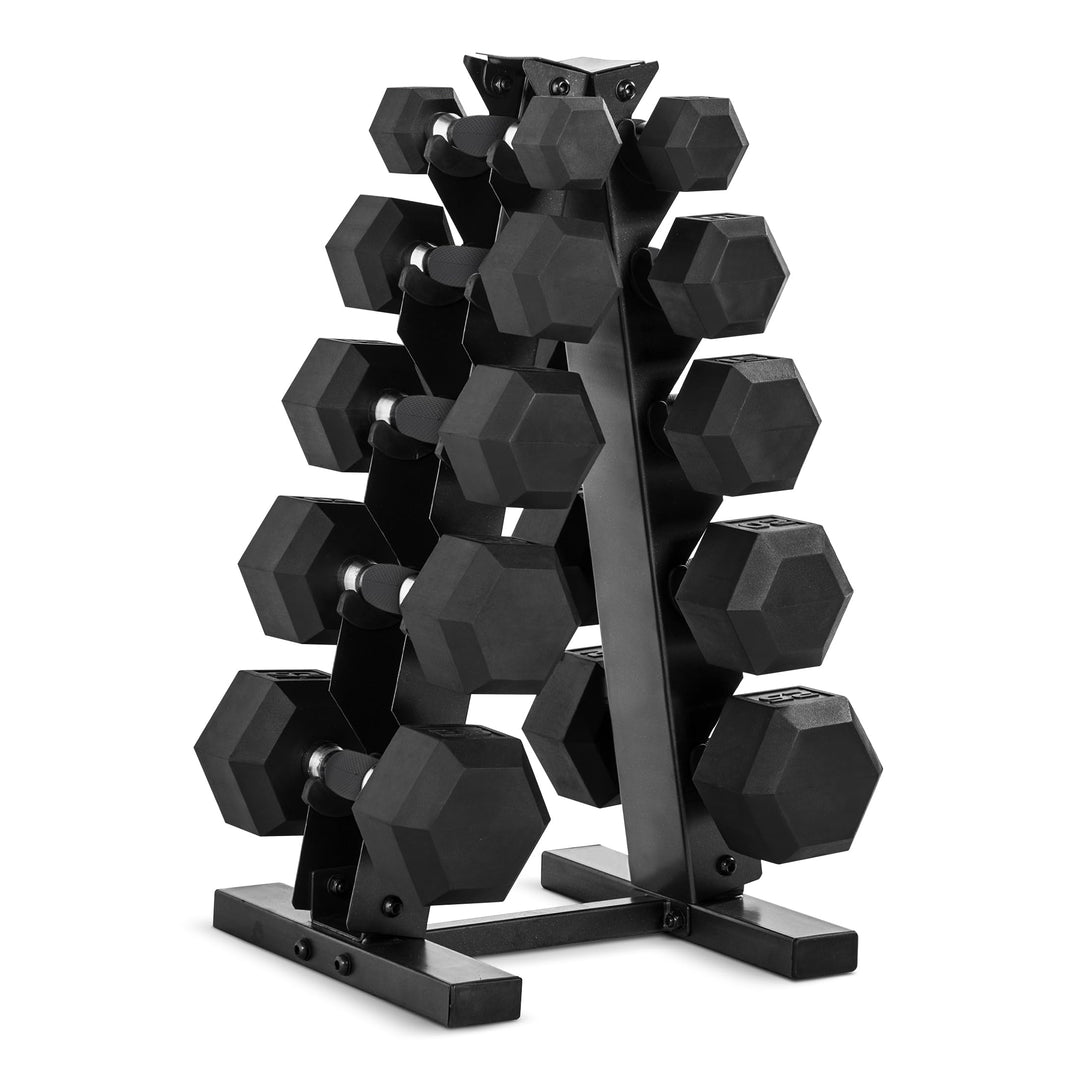 Flexibility of workout regimes demonstrated with the hex dumbbells with rack from CAP Barbell.