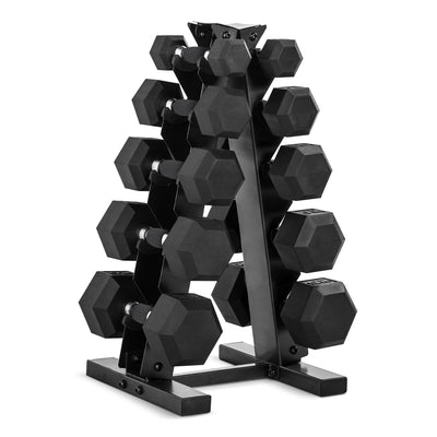 Flexibility of workout regimes demonstrated with the hex dumbbells with rack from CAP Barbell.