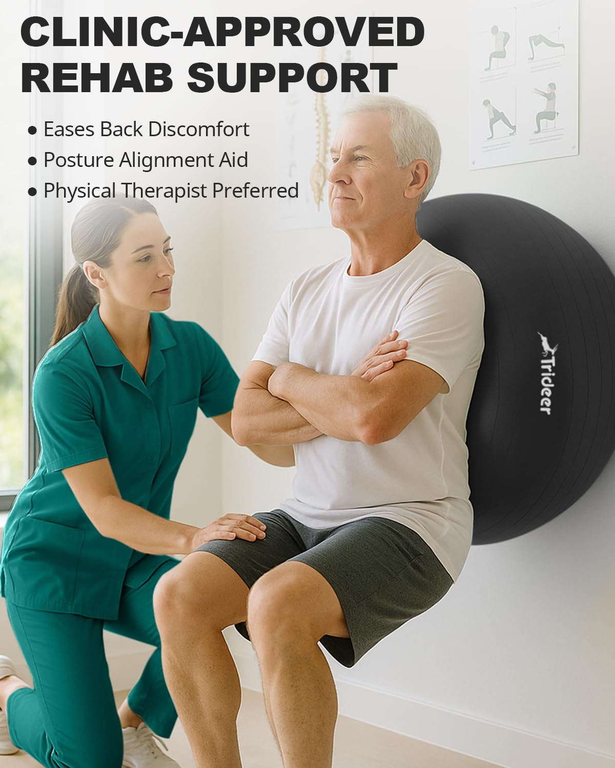 Trideer Yoga Ball supports up to 330 pounds, perfect for use as an exercise ball for therapy in rehabilitation.