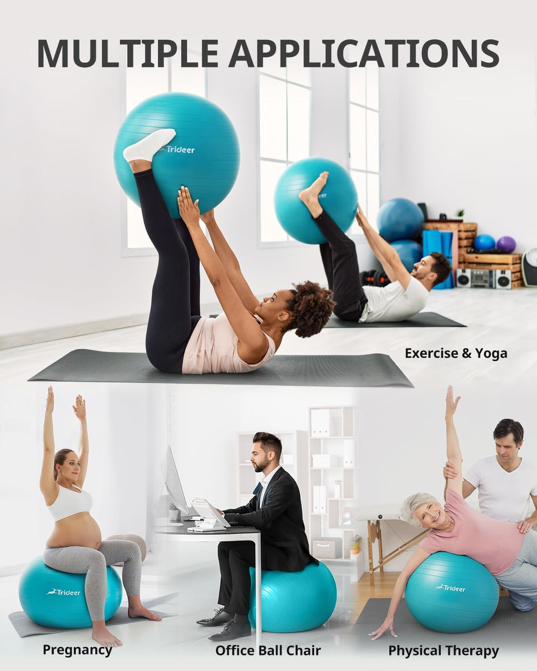 Trideer Exercise Ball for Therapy, Pregnancy &amp; Fitness - Non-Slip, Safe Design, Quick Pump Included, 5 Sizes - Dreamchaser Headquarters