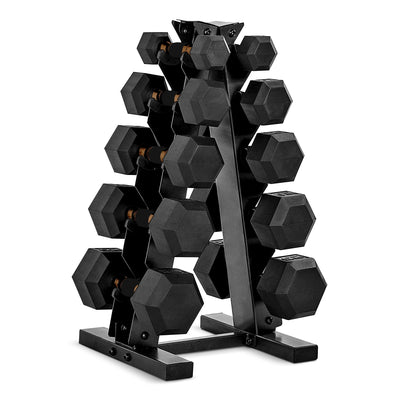 Different weight hex dumbbells with rack from the CAP Barbell set, ideal for various workout routines.