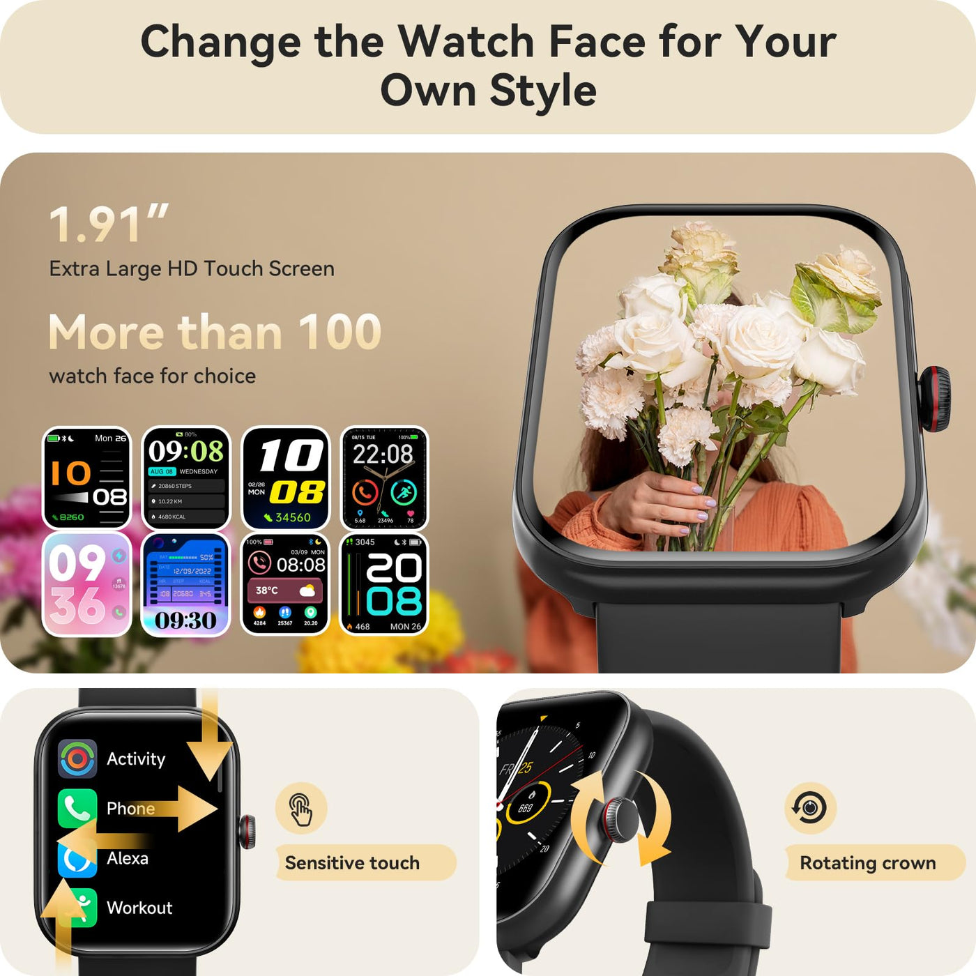 Smart Watch for Women Men, Smartwatch for iPhone & Android Bluetooth (Answer/Call) Built-in Alexa, 1.91" HD Fitness Tracker with 105+ Sport Modes, IP68 Waterproof, Sleep/Heart Rate/SpO2/Stress Monitor - Dreamchaser Headquarters
