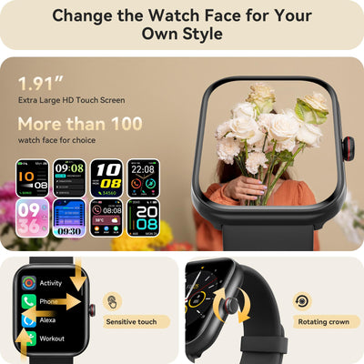 Smart Watch for Women Men, Smartwatch for iPhone & Android Bluetooth (Answer/Call) Built-in Alexa, 1.91" HD Fitness Tracker with 105+ Sport Modes, IP68 Waterproof, Sleep/Heart Rate/SpO2/Stress Monitor - Dreamchaser Headquarters