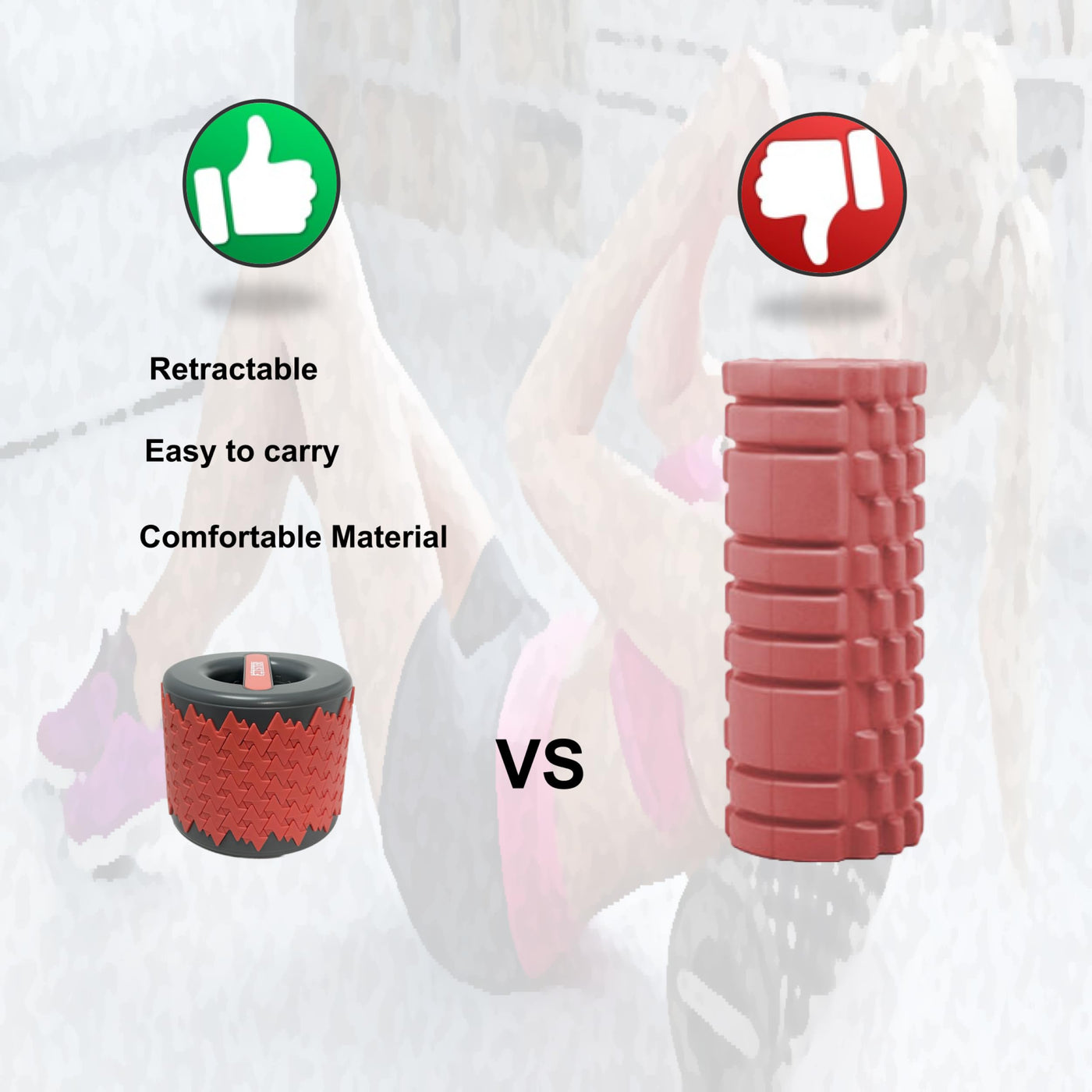 User demonstrating various stretching positions with the collapsible foam roller for optimal flexibility.