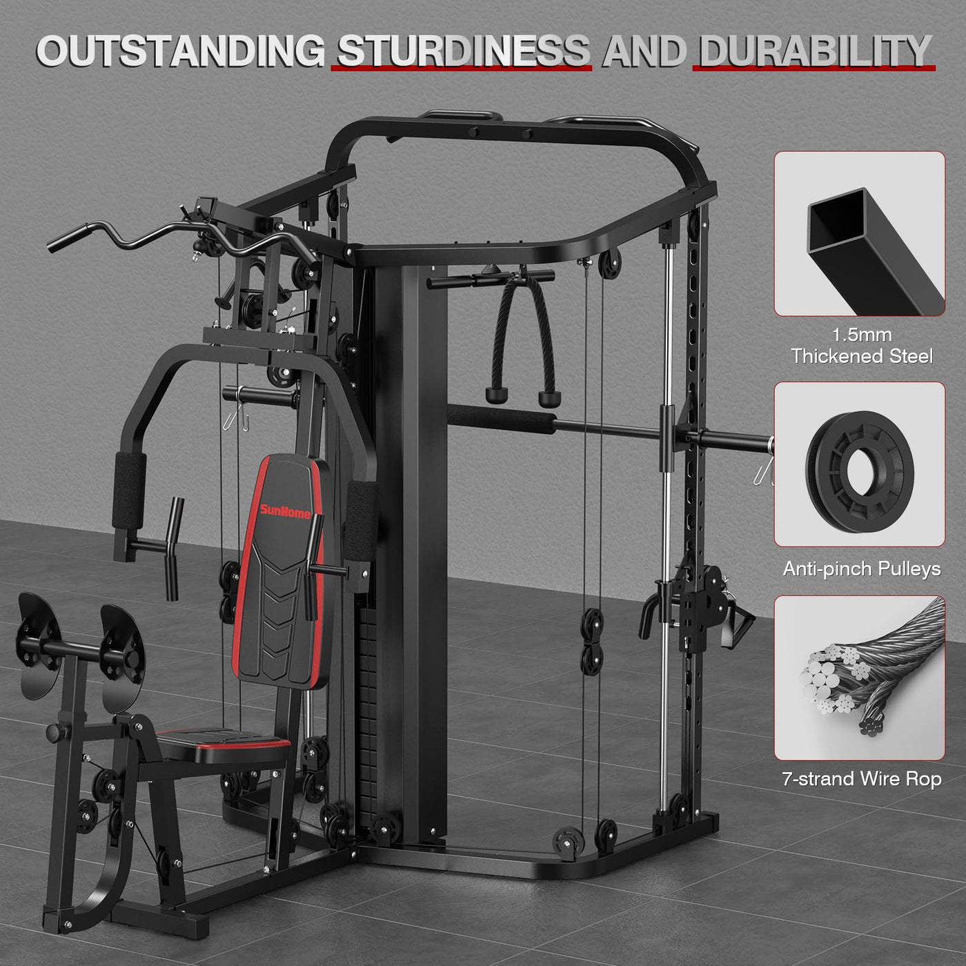 SunHome Multifunction Home Gym System Workout Station,Smith Machine with 138LB Weight Stack, Leg Press, LAT Station for Full Body Training - Dreamchaser Headquarters