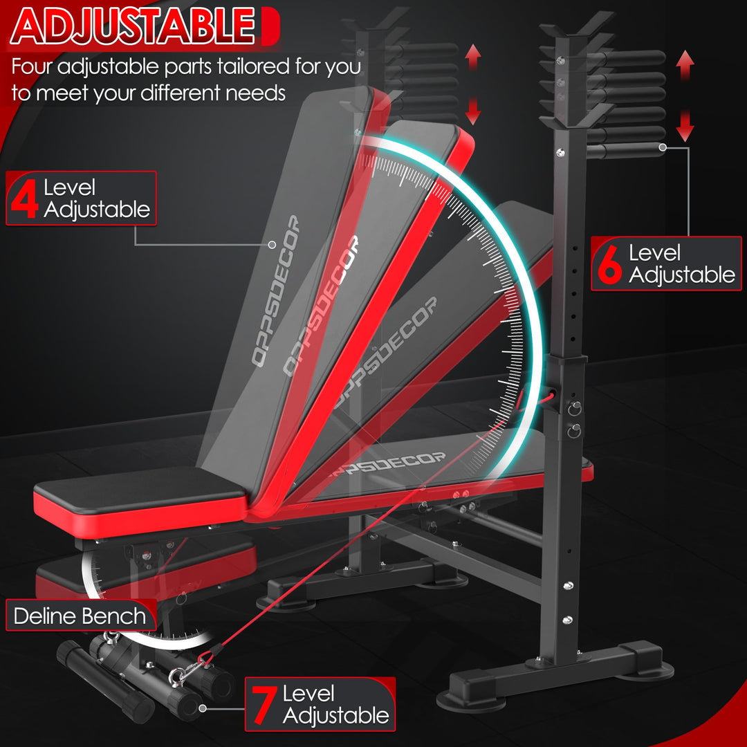 Strong and durable build of OPPSDECOR Weight Bench Set, reliable home gym equipment for serious weight lifting enthusiasts.
