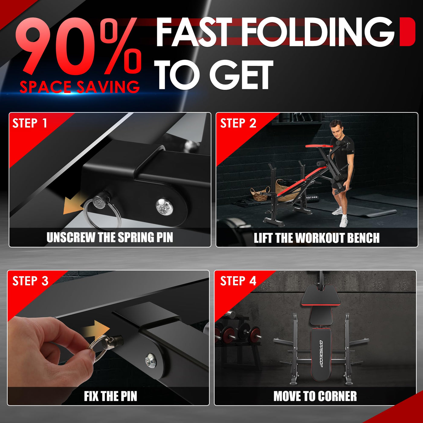 Folded design of the OPPSDECOR Weight Bench Set for easy storage, showing the convenience factor of this home gym equipment.