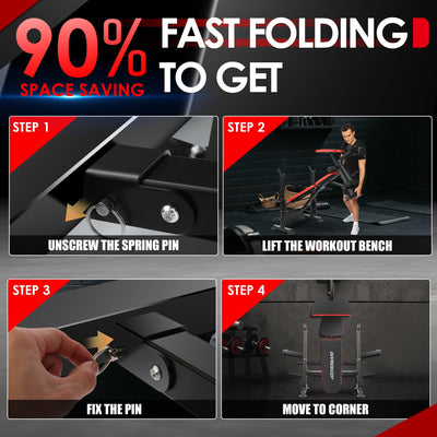 Folded design of the OPPSDECOR Weight Bench Set for easy storage, showing the convenience factor of this home gym equipment.