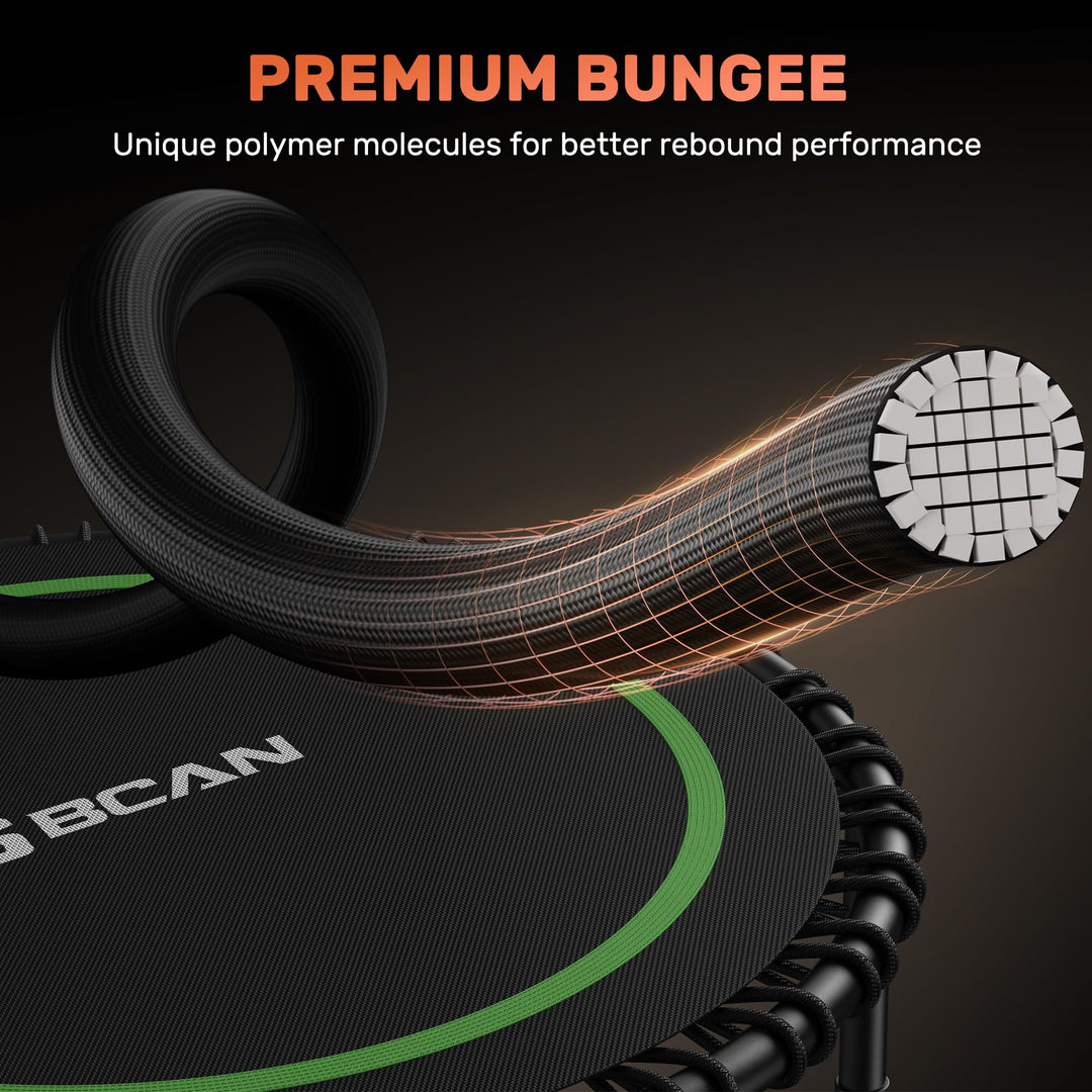 Close-up view of BCAN Fitness Trampoline with bungee cords providing a smooth and quiet exercise experience, ideal for fitness enthusiasts.