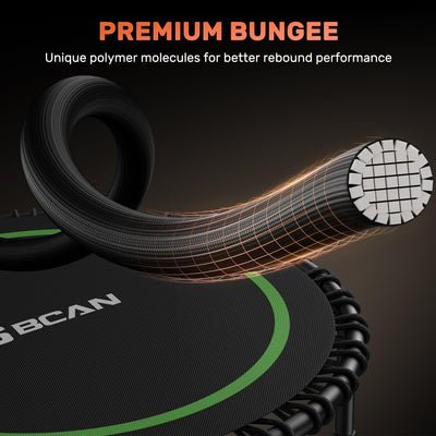 Close-up view of BCAN Fitness Trampoline with bungee cords providing a smooth and quiet exercise experience, ideal for fitness enthusiasts.