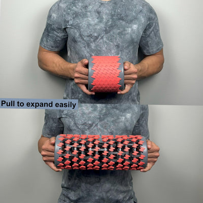 Side view of the collapsible foam roller, emphasizing its sleek design and practicality for fitness enthusiasts.