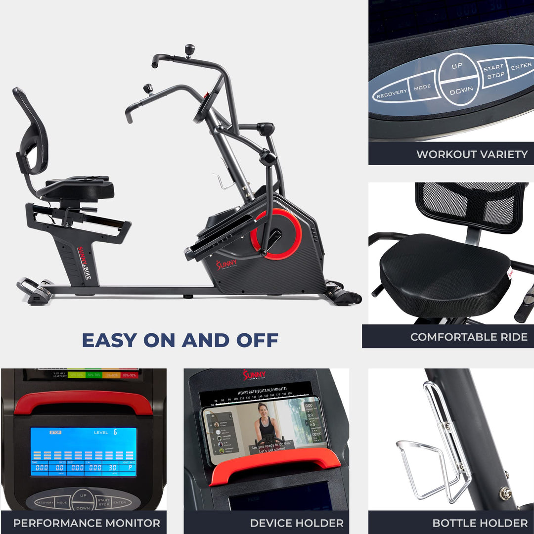 Sunny Health &amp; Fitness Electromagnetic Recumbent Cross Trainer Exercise Elliptical Bike w/Arm Exercisers, Easy Access Seat &amp; Exclusive SunnyFit® App Enhanced Bluetooth Connectivity - SF-RBE4886SMART - Dreamchaser Headquarters