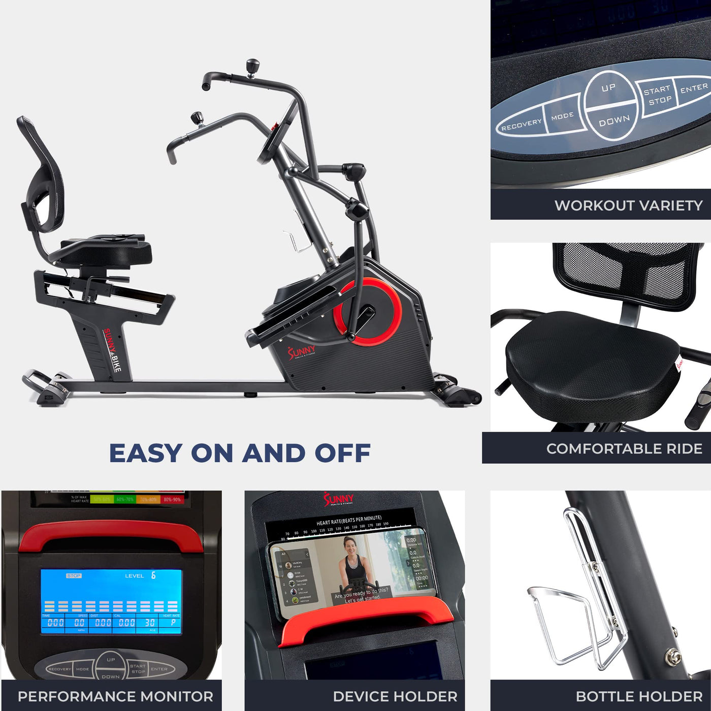 Sunny Health & Fitness Electromagnetic Recumbent Cross Trainer Exercise Elliptical Bike w/Arm Exercisers, Easy Access Seat & Exclusive SunnyFit® App Enhanced Bluetooth Connectivity - SF-RBE4886SMART