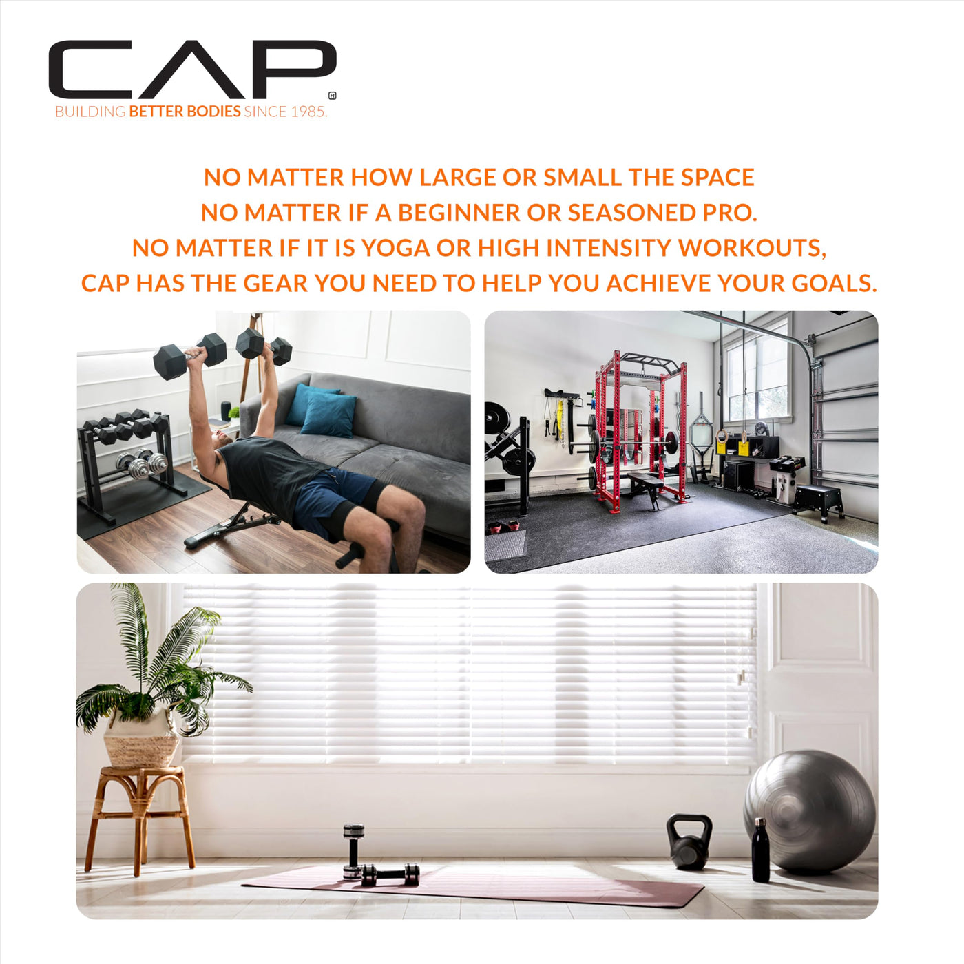 User accessing hex dumbbells with rack, demonstrating the space-saving design of the CAP Barbell set.