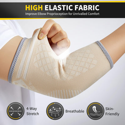 Demonstrating the support lines of the CAMBIVO elbow brace for tendonitis during sports.